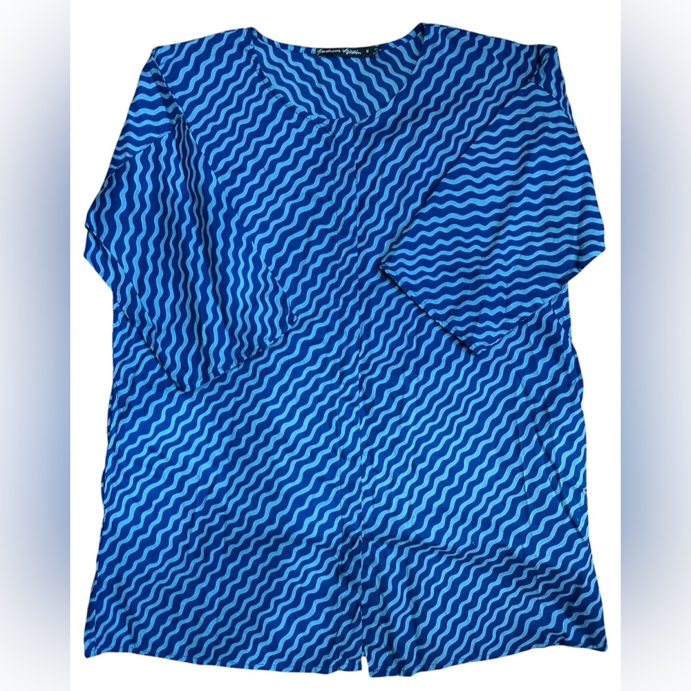 Gudrun Sjoden Blue Aqua Wave Lagenlook Button Down Elbow Sleeve Cotton Tunic